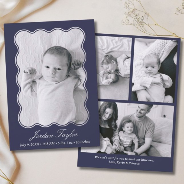 Anúncio Nascimento de recém-nascidos, Marinho mínimo moder (Modern Minimal Navy Blue Newborn Baby Birth Announcement)