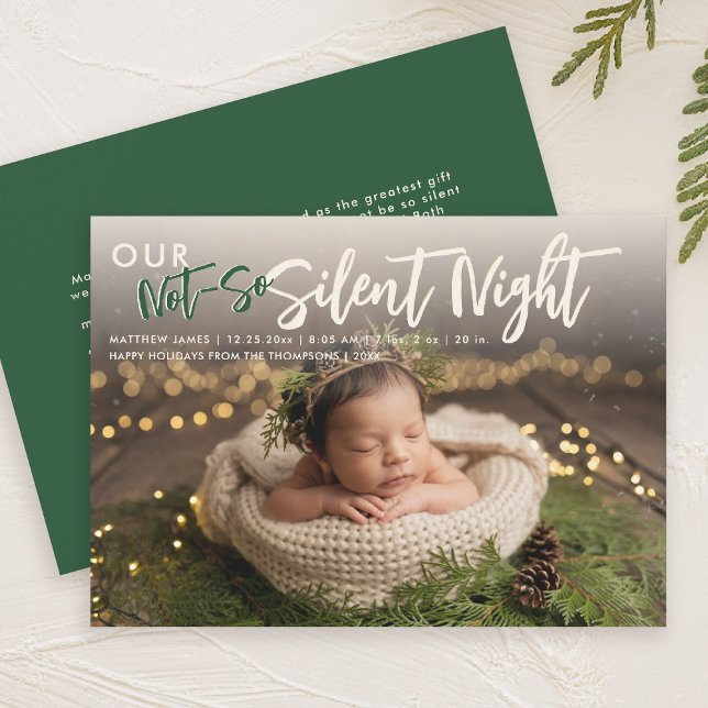 Anúncio Natal Não Silencioso Noite Verde Engraçado Foto De (christmas family card baby announcement not so silent night cute funny humorous green)