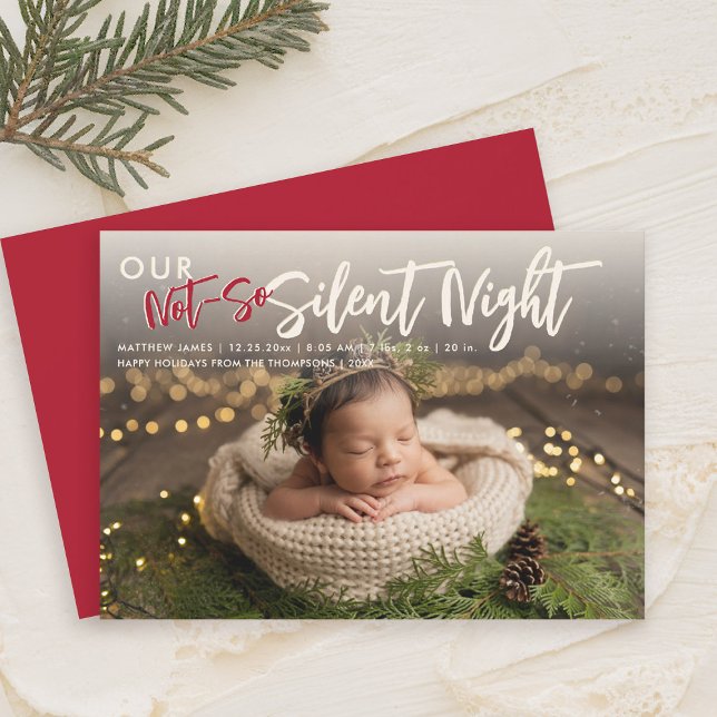 Anúncio Natal Não Tão Silencioso Noite Engraçado Foto De B (christmas family card baby announcement not so silent night cute funny humorous red)