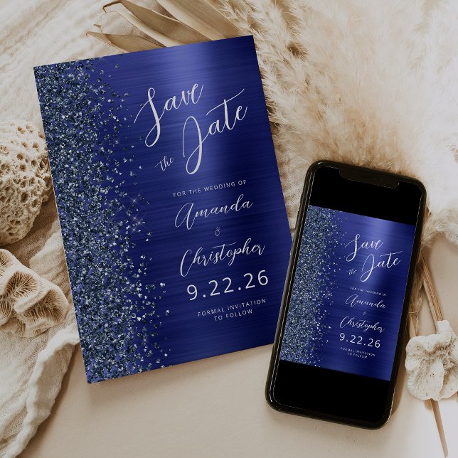 Anúncio Navy Blue Brushed Metal Script Save the Date (Criador carregado)