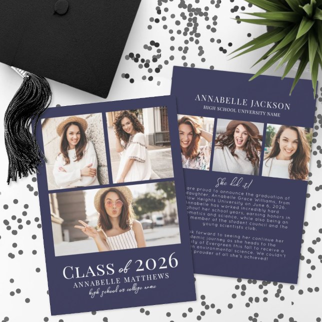 Anúncio Navy Blue Photo Collage Graduation (Navy Blue Photo Collage Graduation Announcement )