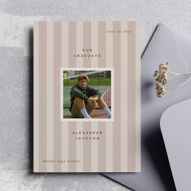 Anúncio Neutral Color Sporty Stripes Graduation Photo  (neutral sporty stripes modern graduation photo announcement card)