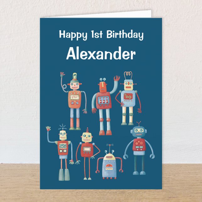Anúncio Noivado da Idade e Nome Personalizados dos Robôs R (Retro robot first birthday card)
