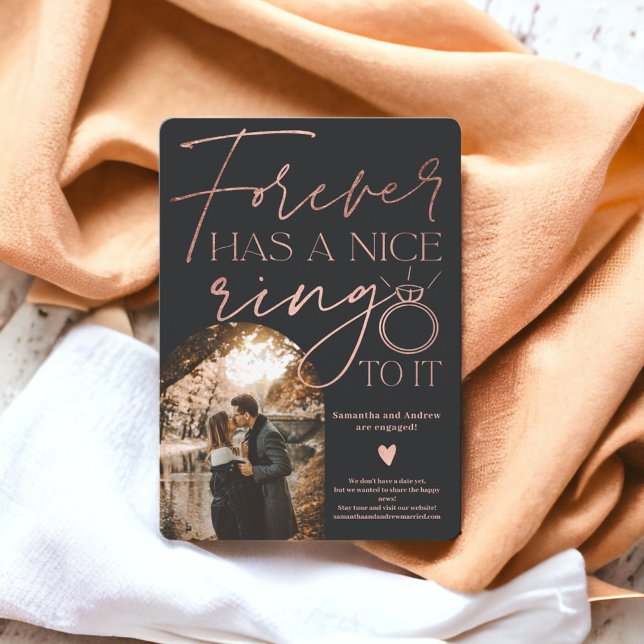 Anúncio Noivado preto rosa gold ring forever ring (Forever ring photo arch rose gold black engagement announcement)