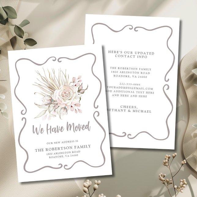 Anúncio Nós Mudamos Rosas Blush Novo Endereço (We Have Moved Boho Blush Pink Roses and Eucalyptus New Address Flat Card with Envelope)