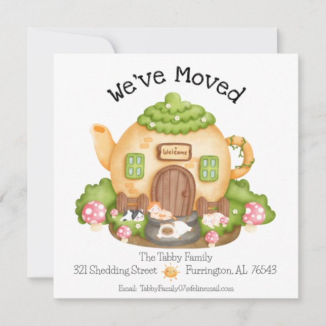 Anúncio Nós nos mudamos! Bule de chá bonito com gatos (Frente)