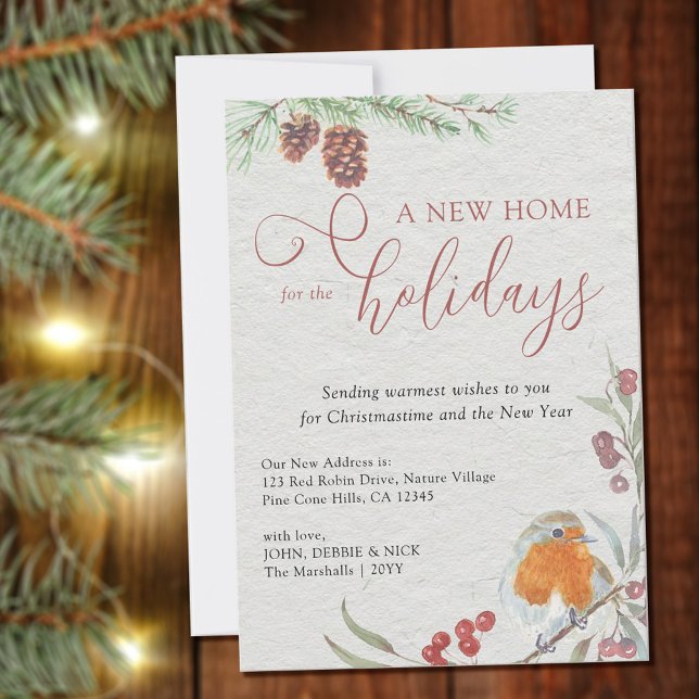 Anúncio Nova casa para feriados Robin Berries e Pine Cone (Criador carregado)