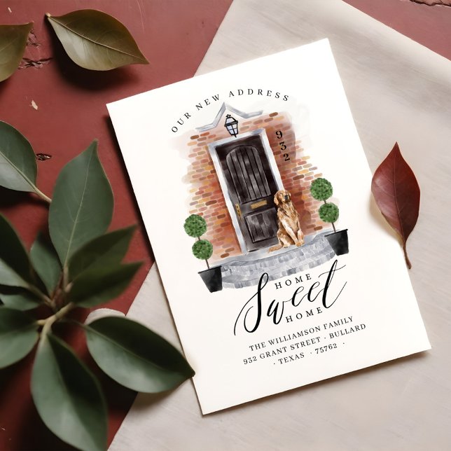 Anúncio Nova Casa | Watercolor Black Front Doy & Red Brick (New Home | Watercolor Black Front Door & Red Brick Announcement)