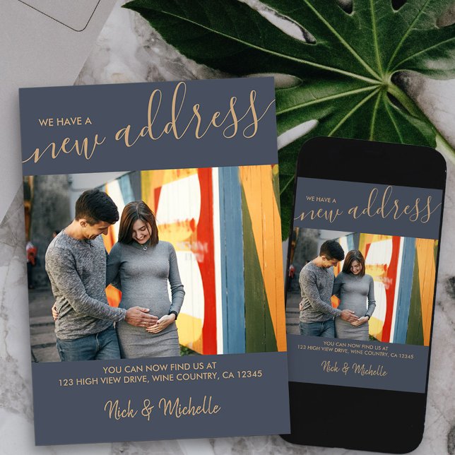 Anúncio Nova Foto de Endereço e Movimentação Azul de Scrip (modern photo new address card available printed or as printable digital download)