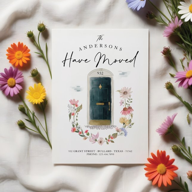 Anúncio Nova Porta de Água Verde Residencial Floral de Flo (New Home Green Watercolor Door Wildflower Floral Announcement)