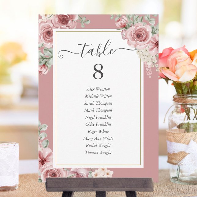 Anúncio Número da Tabela Floral Elegante de Rosa Dusty (Dusty Rose Elegant Floral Table Number)