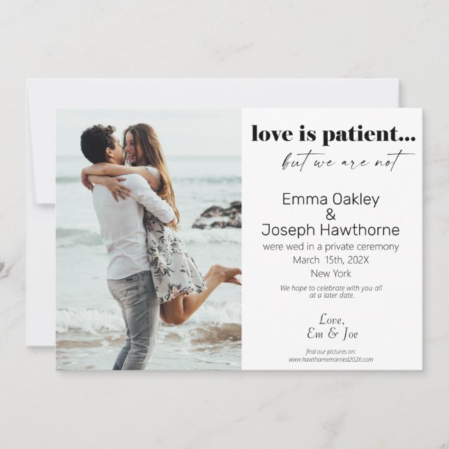 Anúncio "O amor é paciente, mas não somos" Foto de casamen (Frente)
