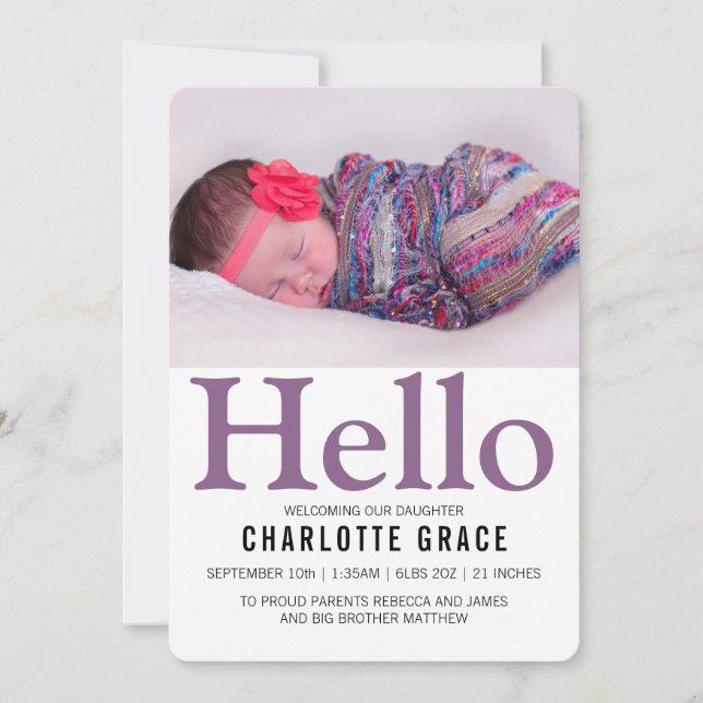 Anúncio Olá, Novo Bebê Roxo Personalizado (Frente)