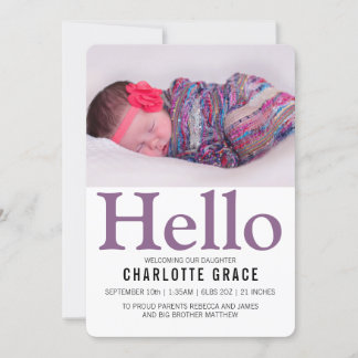 Anúncio Olá, Novo Bebê Roxo Personalizado