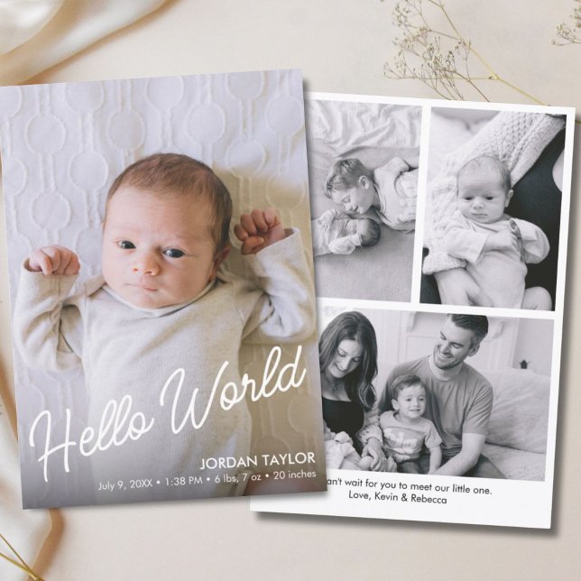 Anúncio Olá World Modern Script Newborn Baby Birth (Hello World Modern Script Newborn Baby Birth Announcement)