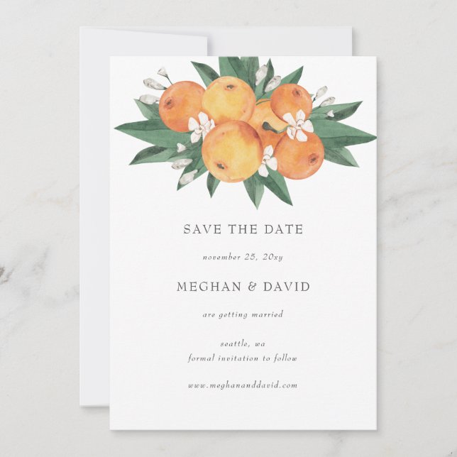 Anúncio Orange Blossoms Citrus Botanical Save the Date  (Frente)