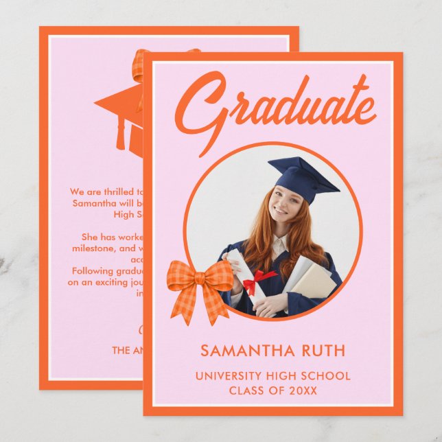 Anúncio Orange Gingham Bow Photo Graduation Announcement (Frente/Verso)
