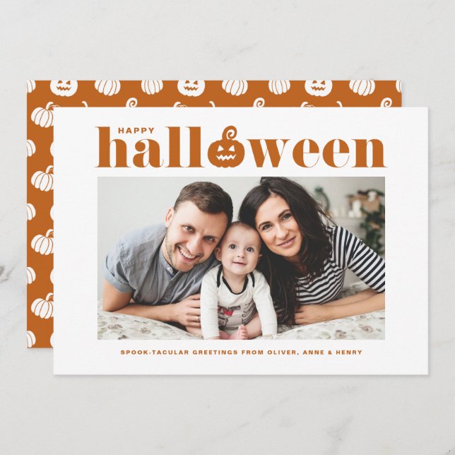 Anúncio Orange Jack-o' lanterna Foto Feliz Dia das Bruxas (Frente/Verso)