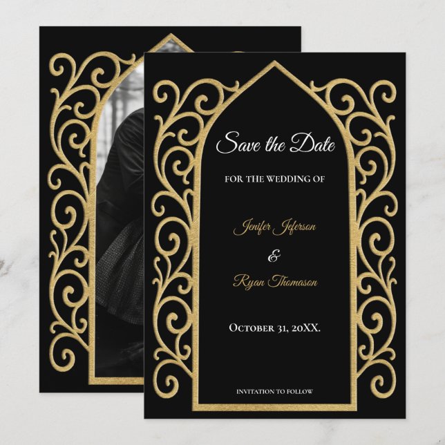 Anúncio Ornate border black and gold wedding save the date (Frente/Verso)