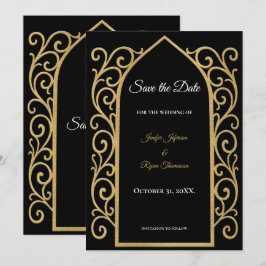 Anúncio Ornate border black and gold wedding save the date