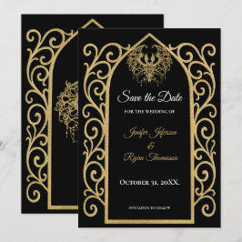 Anúncio Ornate border black and gold wedding save the date