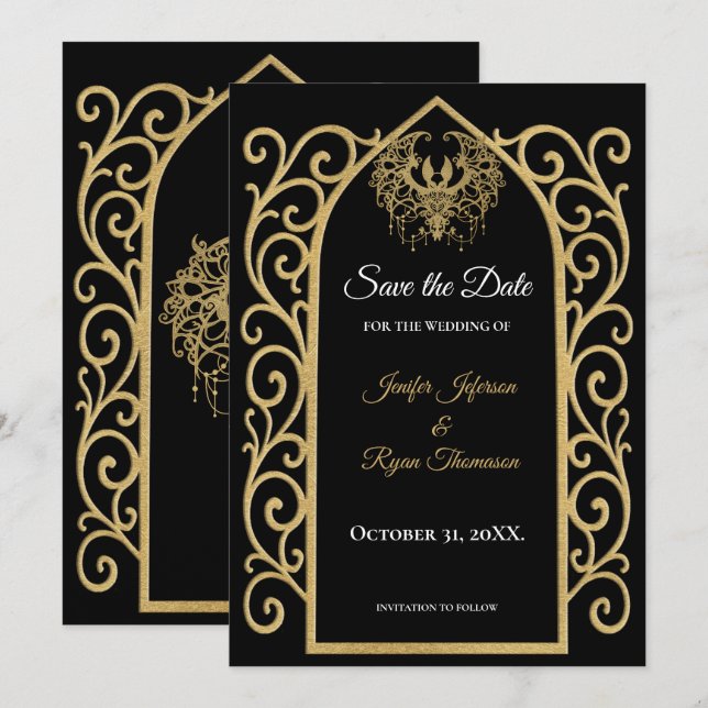 Anúncio Ornate border black and gold wedding save the date (Frente/Verso)