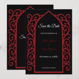 Anúncio Ornate border black and red wedding save the date
