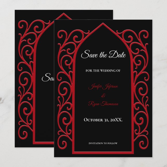 Anúncio Ornate border black and red wedding save the date (Frente/Verso)