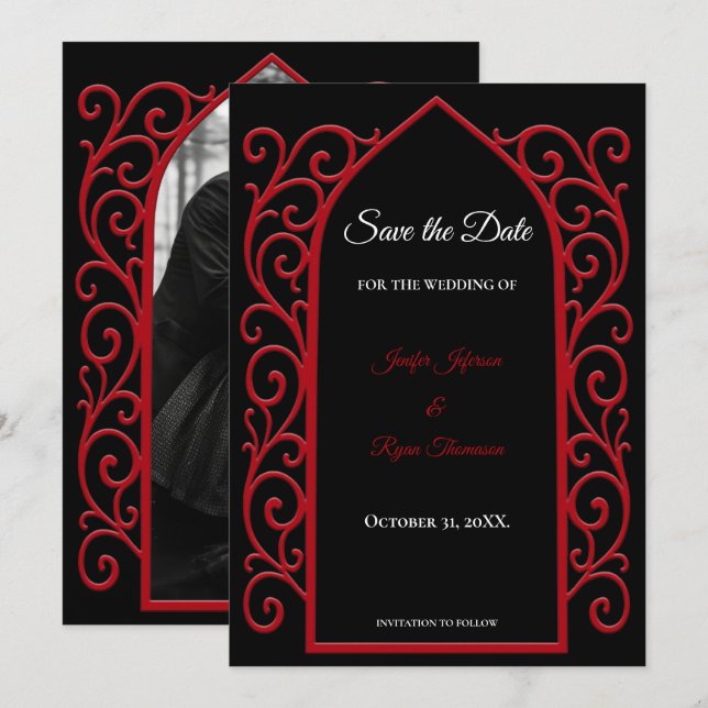Anúncio Ornate border black and red wedding save the date (Frente/Verso)