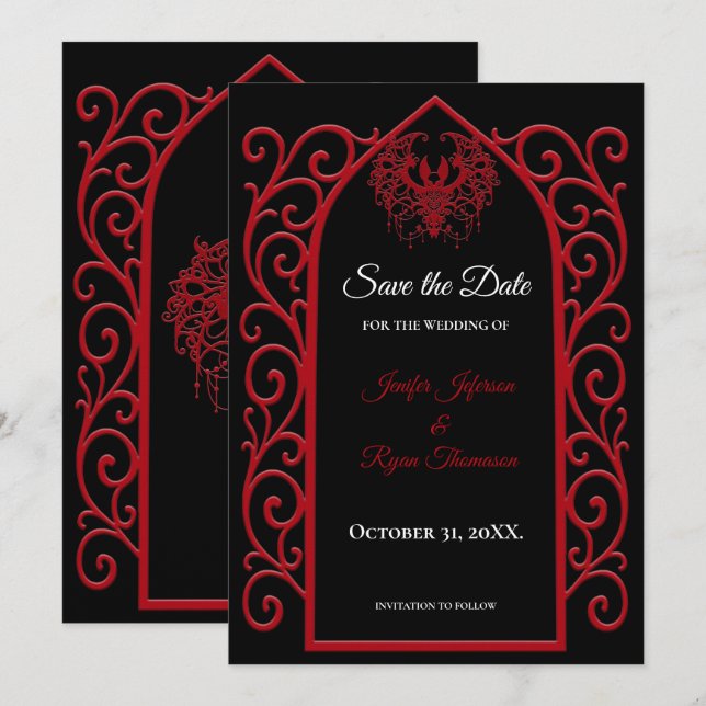 Anúncio Ornate border black and red wedding save the date (Frente/Verso)