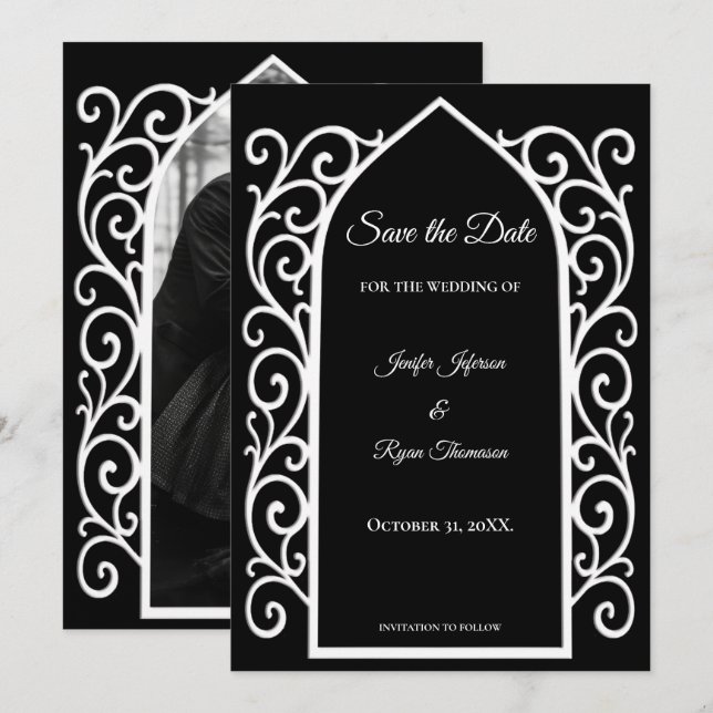 Anúncio Ornate border black and whit wedding save the date (Frente/Verso)