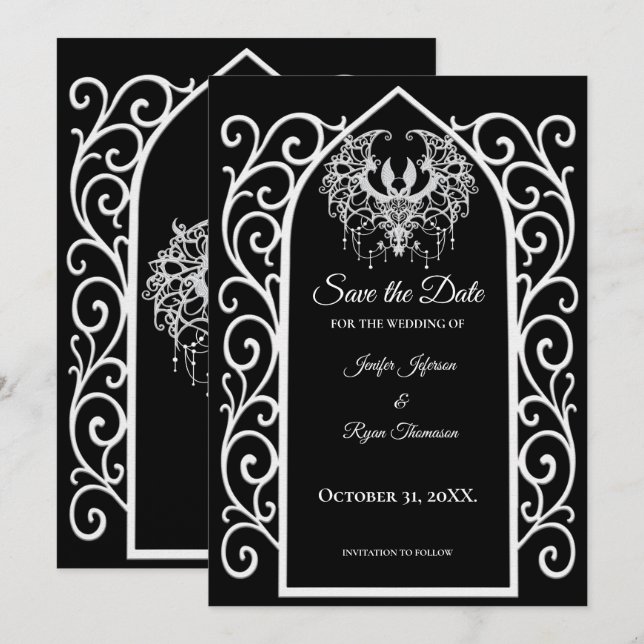 Anúncio Ornate border black and whit wedding save the date (Frente/Verso)