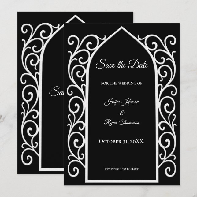 Anúncio Ornate border black and whit wedding save the date (Frente/Verso)