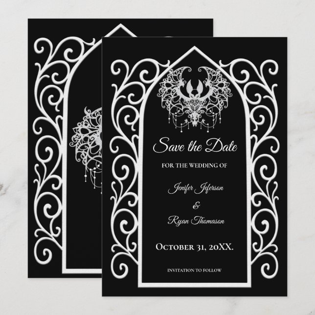 Anúncio Ornate border black and whit wedding save the date (Frente/Verso)