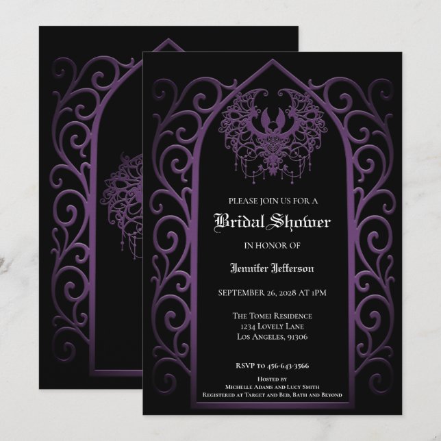 Anúncio Ornate purple border Gothic Bridal Shower (Frente/Verso)