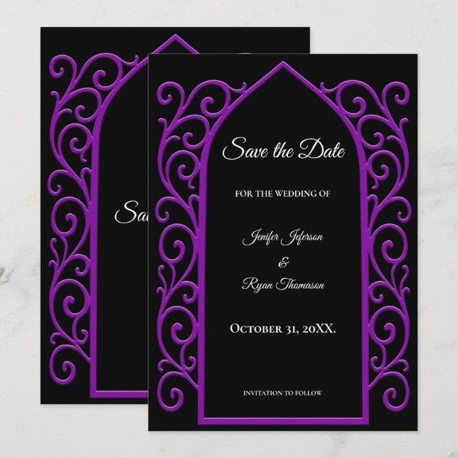 Anúncio Ornate purple border wedding save the date (Frente/Verso)