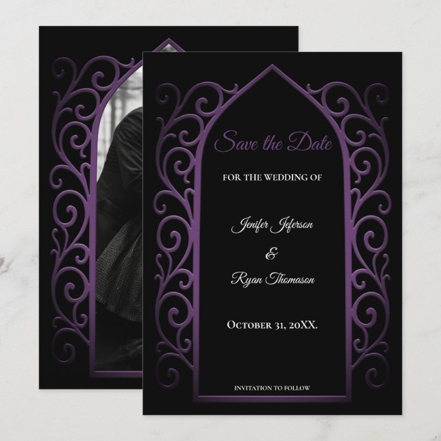 Anúncio Ornate purple border wedding save the date (Frente/Verso)