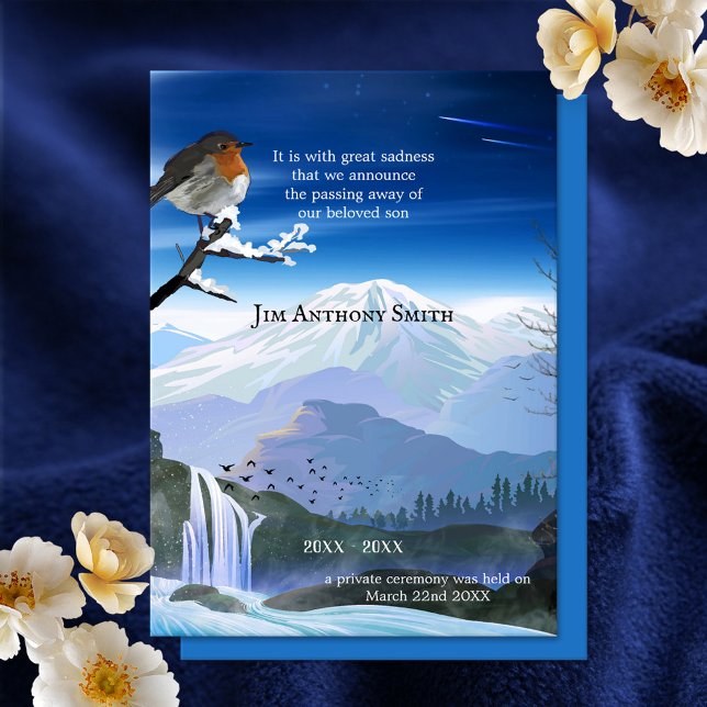 Anúncio ou Convite para Morte Infantil (Memorial or child death announcement card with a robin overlooking the mountains and waterfall)