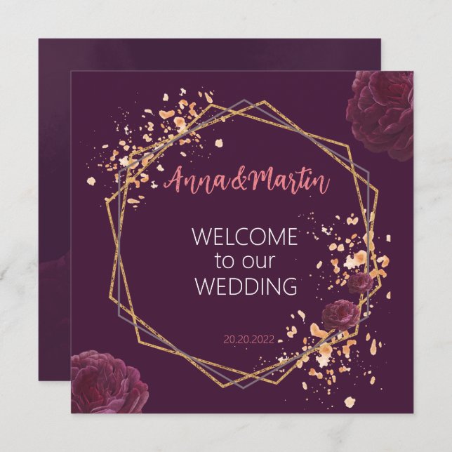 Anúncio ouro com rosas de flores em um burgundy (Frente/Verso)