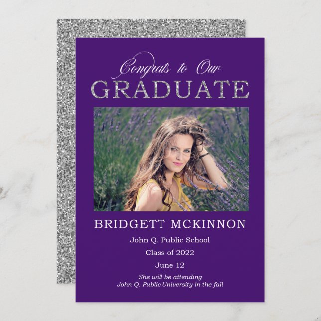 Anúncio Parabéns ao nosso Formando Silver Glitter Purple (Frente/Verso)