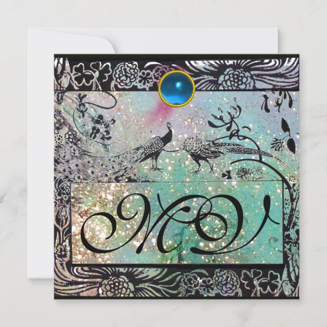 Anúncio Pássaros de amor de casamento monograma preto azul (Frente)