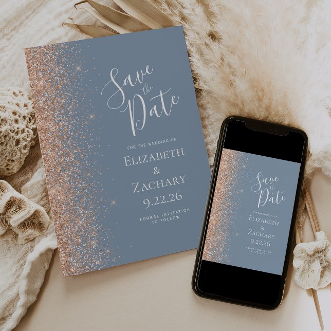 Anúncio Peach Glitter Edge Dusty Blue Save the Date (Criador carregado)