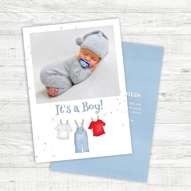 Anúncio Personalização da Linha de Fechamento do Blue Baby ("It's a boy" custom photo baby boy birth announcements.)