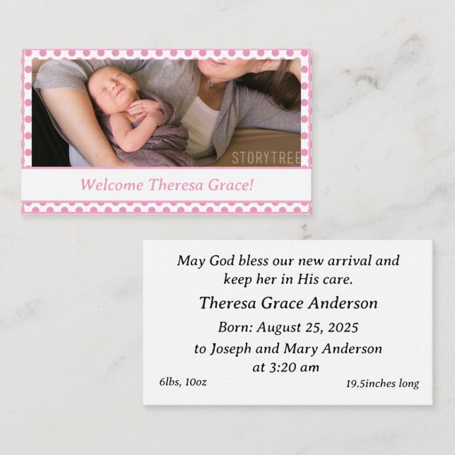 Anúncio personalizável de nascimento de menina (Frente/Verso)