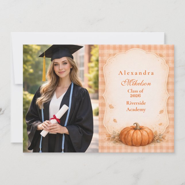 Anúncio Photo Rustic Gingham Pumpkin Fall Graduation (Frente)