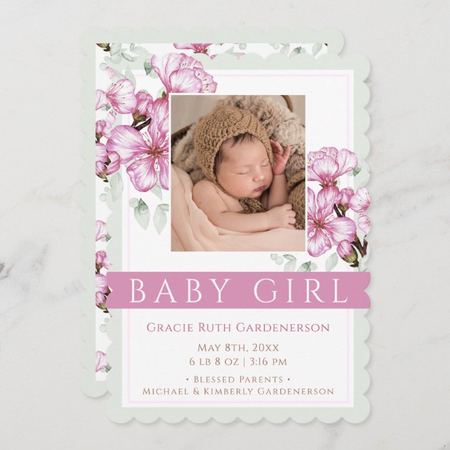 Anúncio Pink Blossoms Baby Girl  Announcement (Frente/Verso)