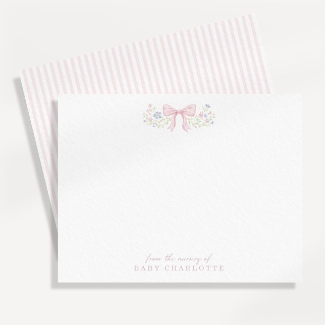 Anúncio Pink Bow Floral Nursery Note Card (Criador carregado)