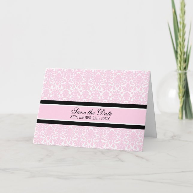 Anúncio Pink Damask Save the Date Announcement Card (Frente)