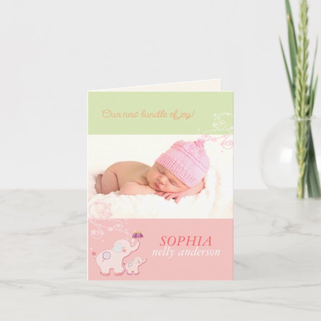 Anúncio Pink Elephants Baby Girl Photo Birth Announcement (Frente)