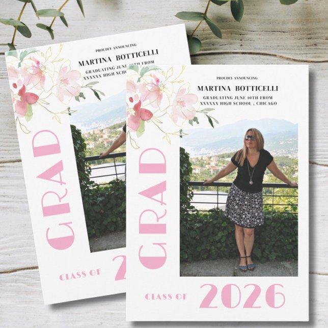 Anúncio Pink Floral Photo Graduation Announcement (Criador carregado)